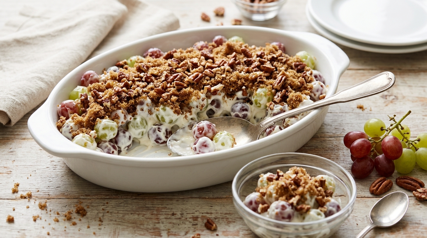 Grape salad topped with brown sugar and pecans in a white dish