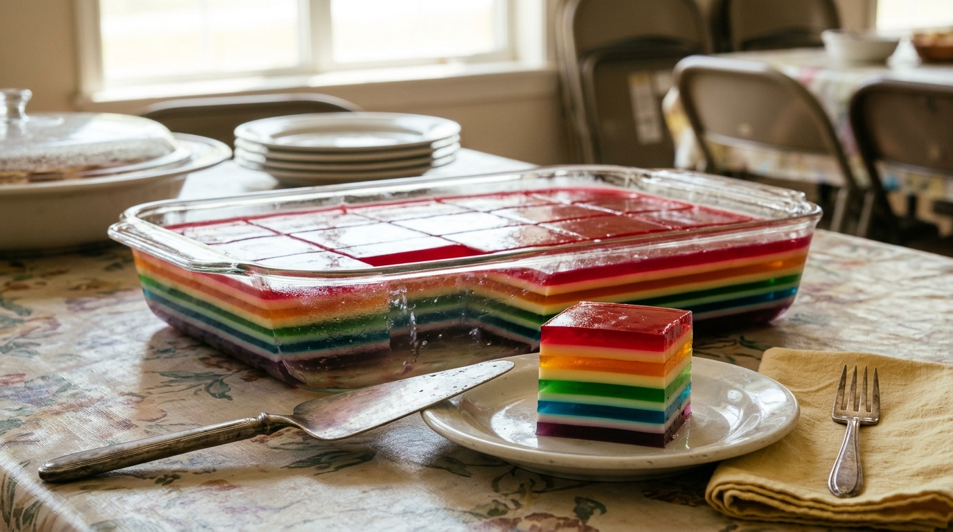 Rainbow layered gelatin squares for church potluck salads