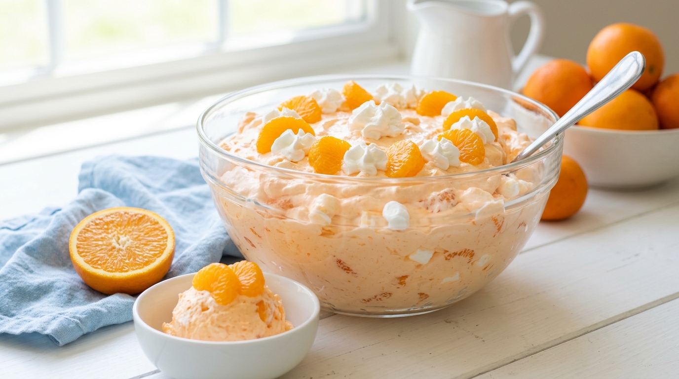 Orange cream fluff salad with mandarin oranges for a potluck