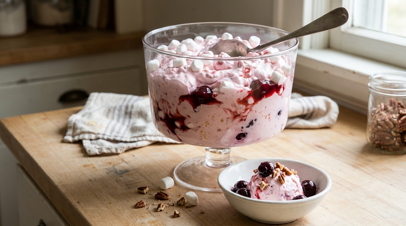 Pink cherry fluff in a glass trifle bowl with a small serving