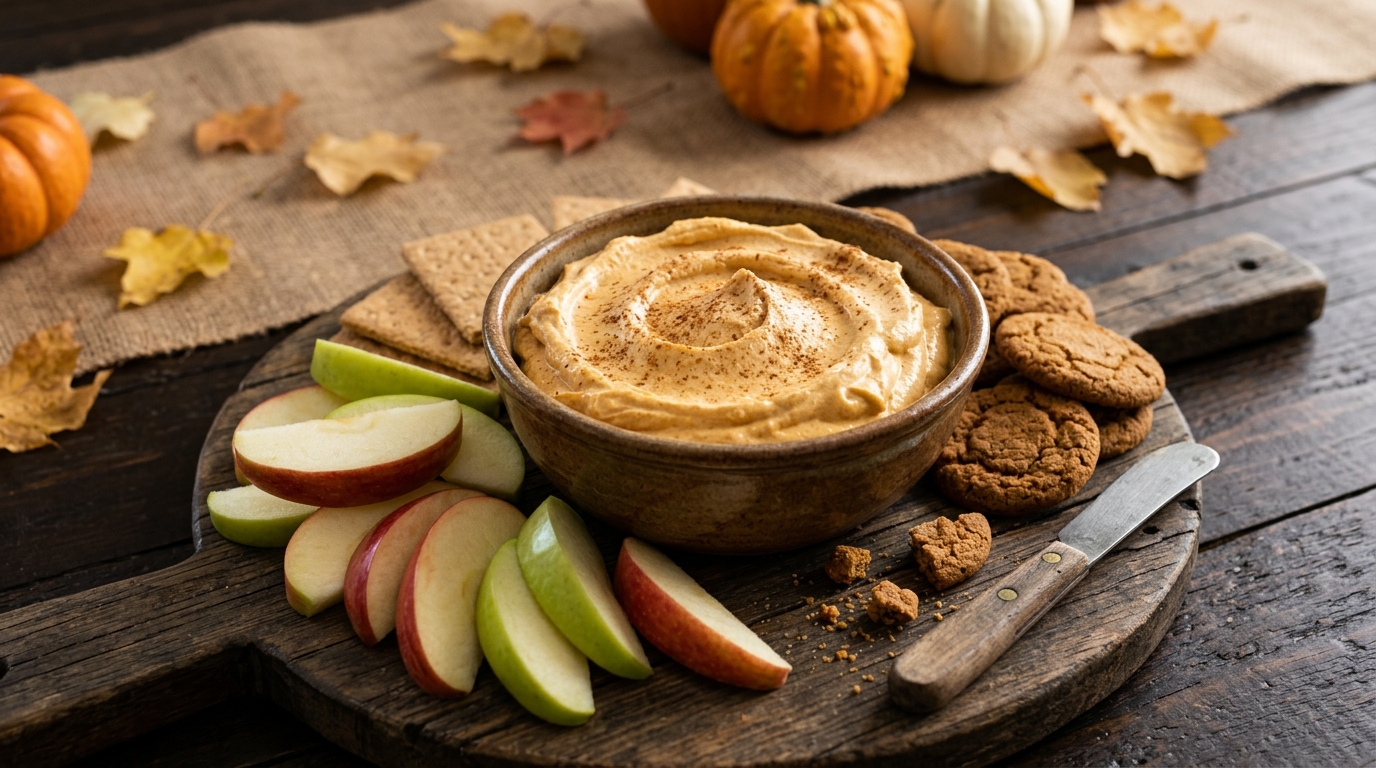 Pumpkin fluff dip with gingersnaps and apple slices on a board