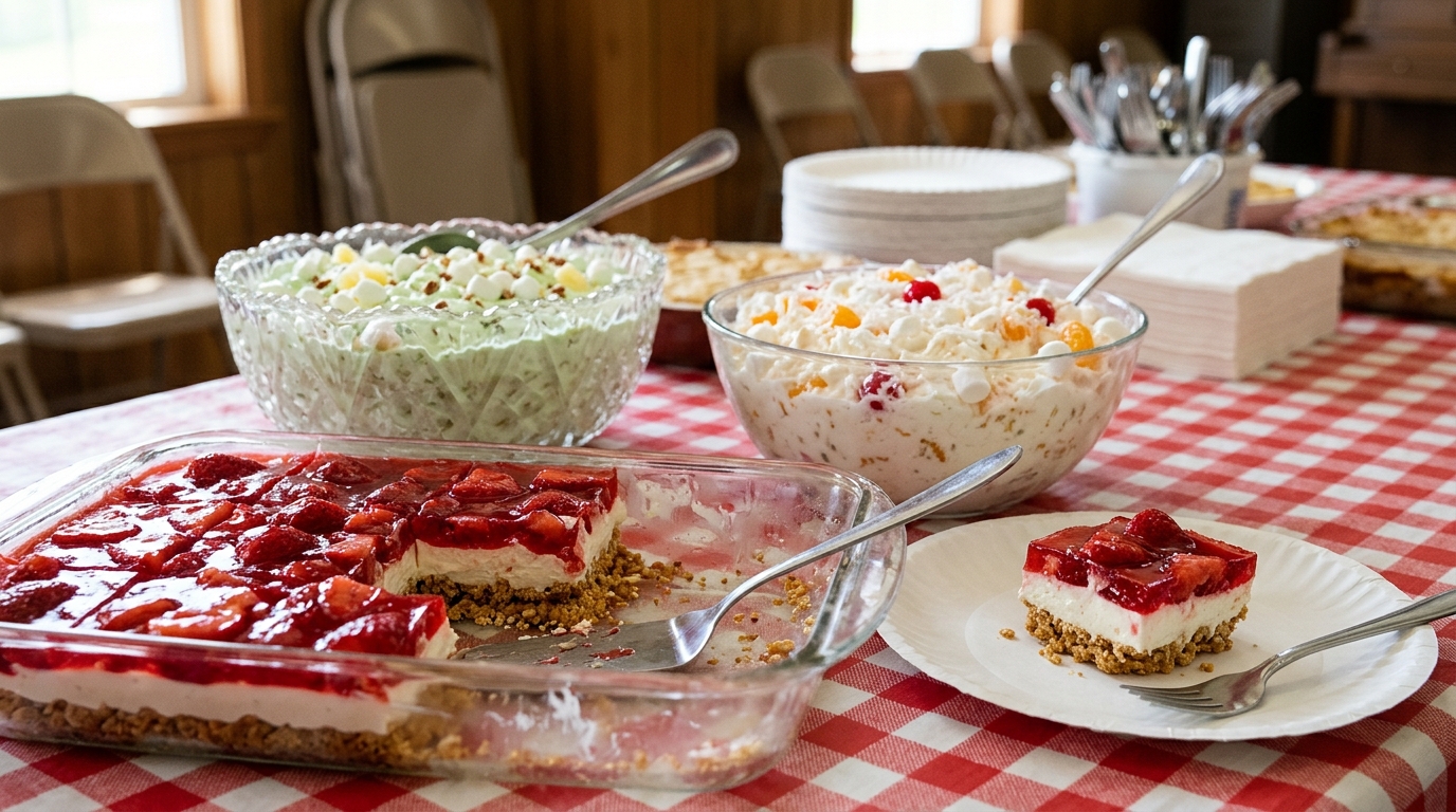 Church potluck salads including strawberry pretzel salad, pistachio fluff and ambrosia