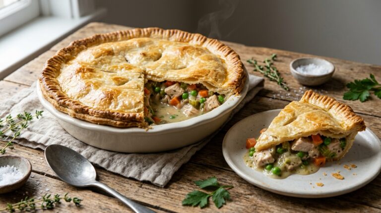 Golden double-crust chicken pot pie with a slice cut out