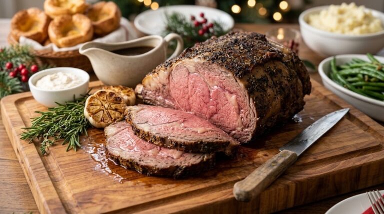 Prime rib recipes centerpiece of a garlic herb crusted roast carved on a holiday table