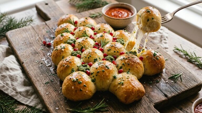 Christmas tree shaped holiday pull apart bread with pesto and melted mozzarella on a wooden board