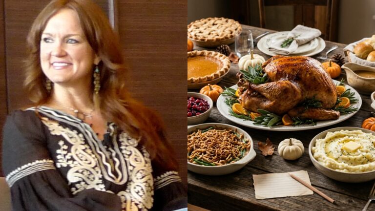 Ree Drummond next to a Thanksgiving table with roast turkey and pies