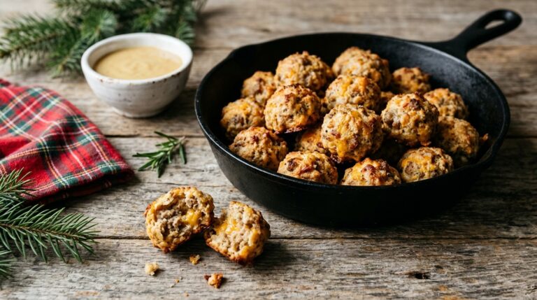 Cast iron skillet of golden cheddar sausage balls with a bowl of honey mustard and pine sprigs