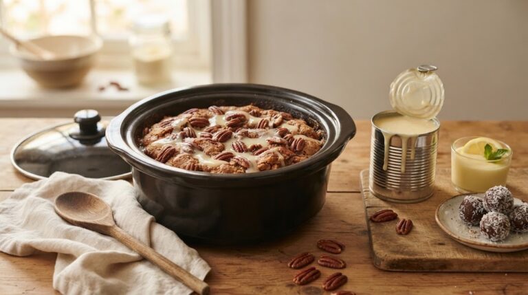 Slow cooker pecan cobbler drizzled with sweetened condensed milk beside an open can