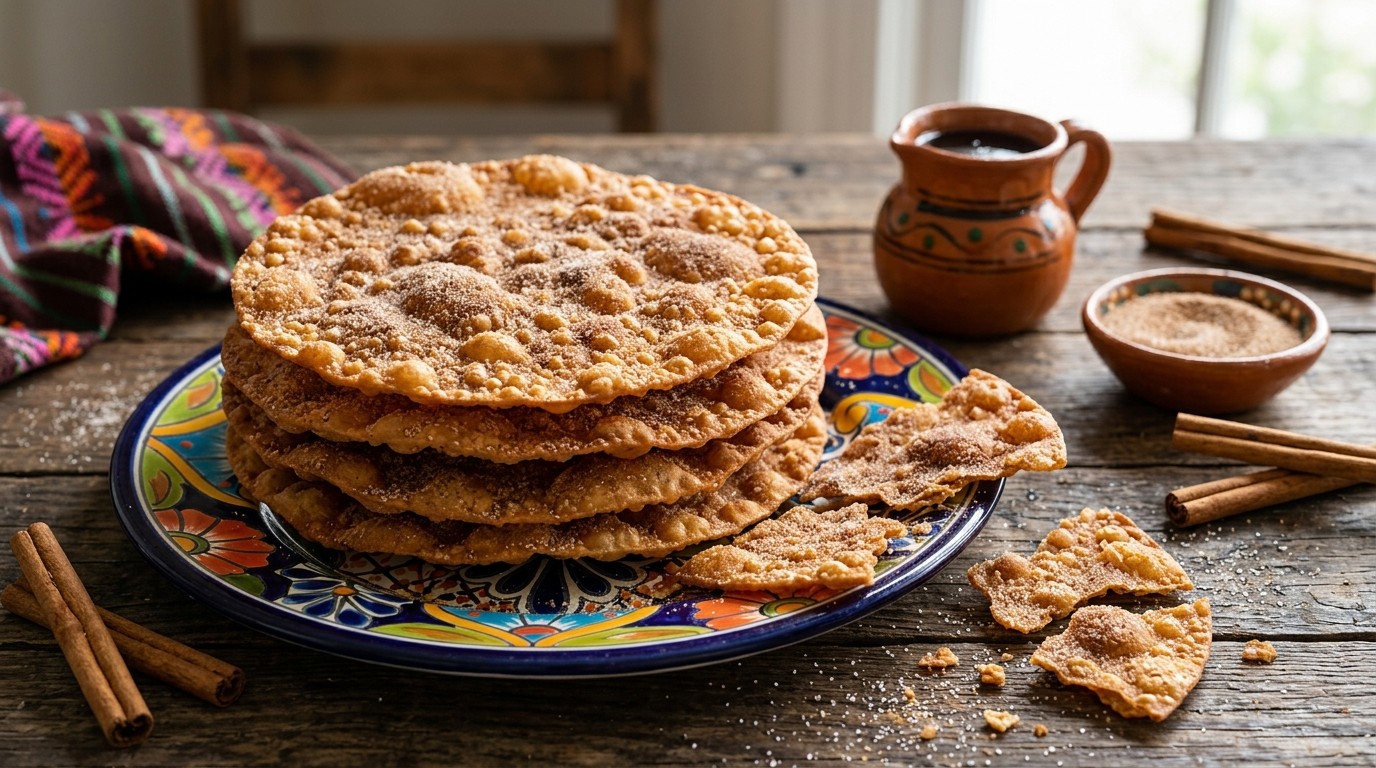 Crispy cinnamon sugar buñuelos stacked on a plate