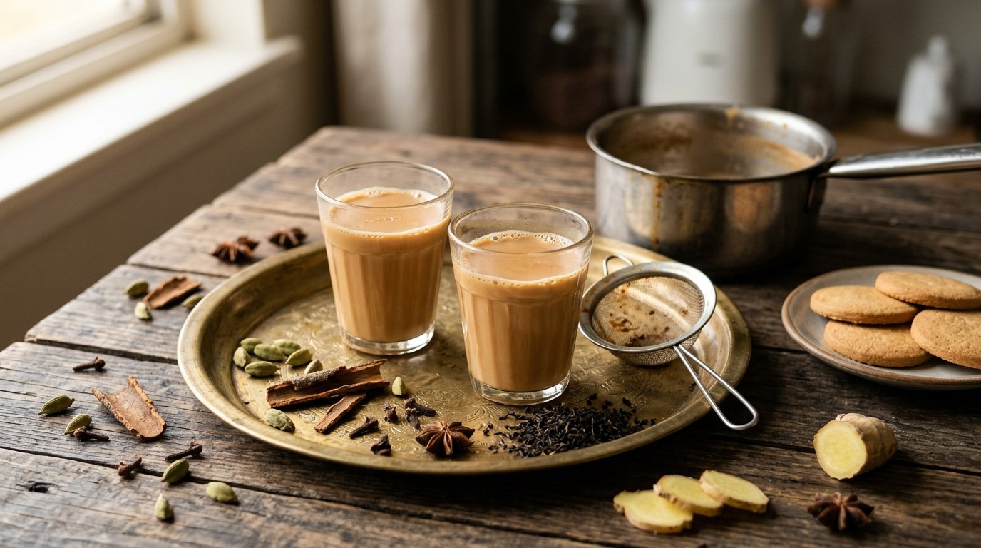 Selena Gomez recipes with homemade masala chai in glass cups with cinnamon and cardamom