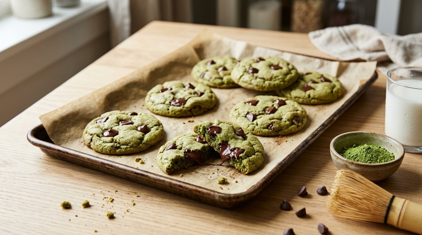 Green matcha chocolate chip cookies cooling on a tray