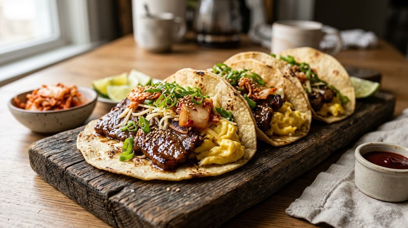 Korean BBQ short rib breakfast tacos with scrambled eggs and kimchi