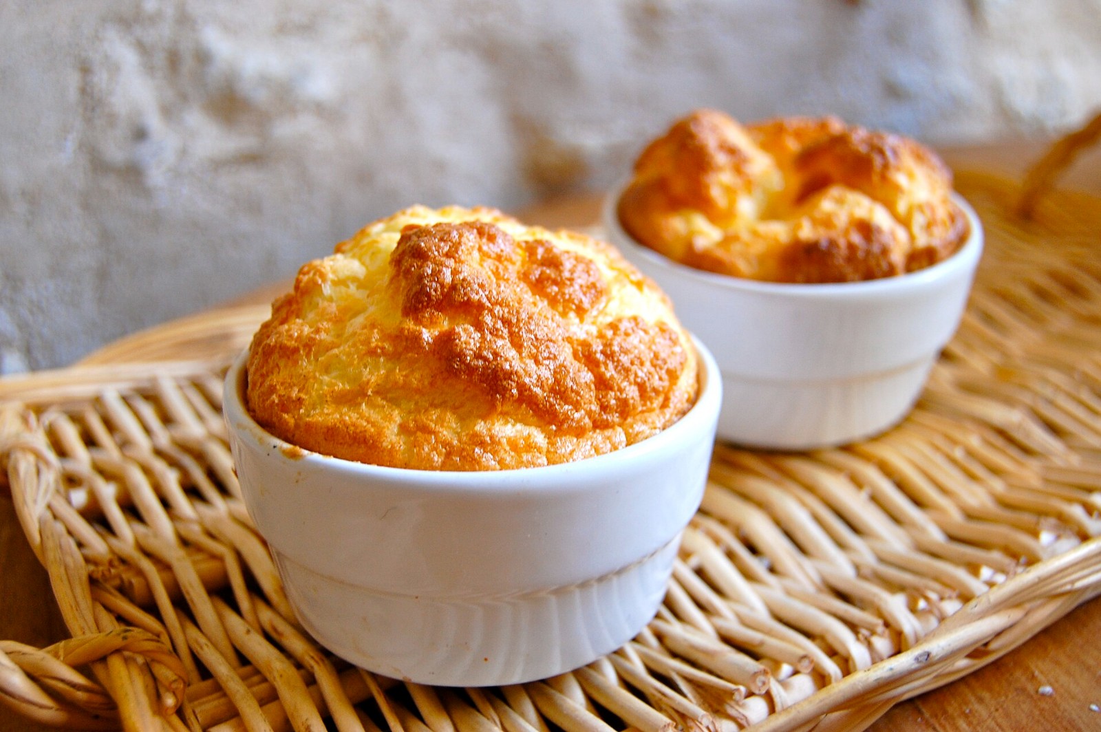 Selena Gomez recipes: two golden cheese souffles puffed high in white ramekins