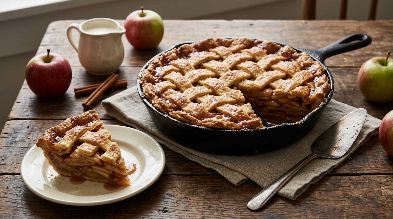 Old fashioned skillet apple pie with a lattice crust