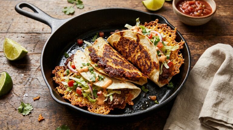 Classic beef smash tacos with crispy cheese edges in a cast iron skillet