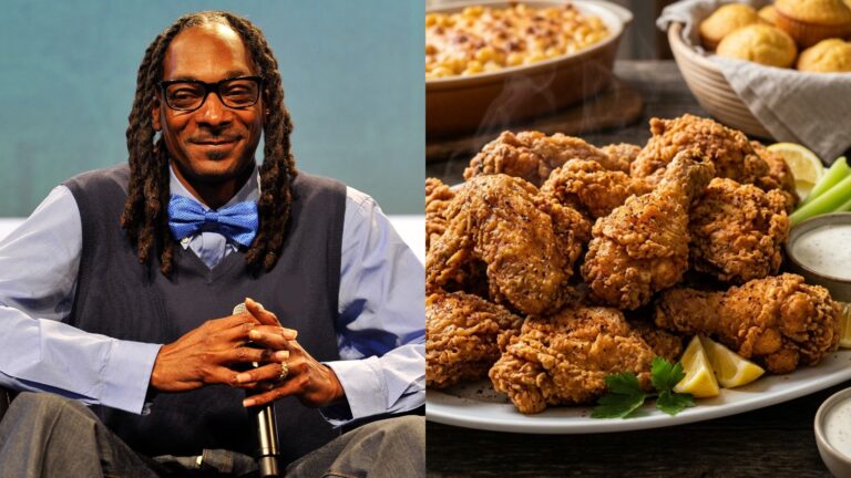 Snoop Dogg recipes inspired platter of crispy fried chicken wings with ranch and hot sauce