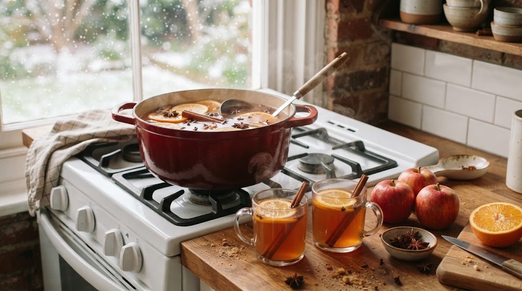 Pot of warm spiced apple cider with orange slices and cinnamon sticks next to two glass mugs