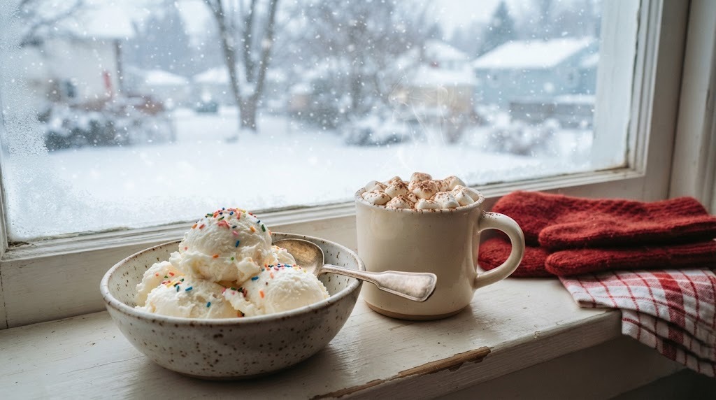 Snow day recipes on a windowsill with a bowl of vanilla snow cream and a mug of cocoa with marshmallows