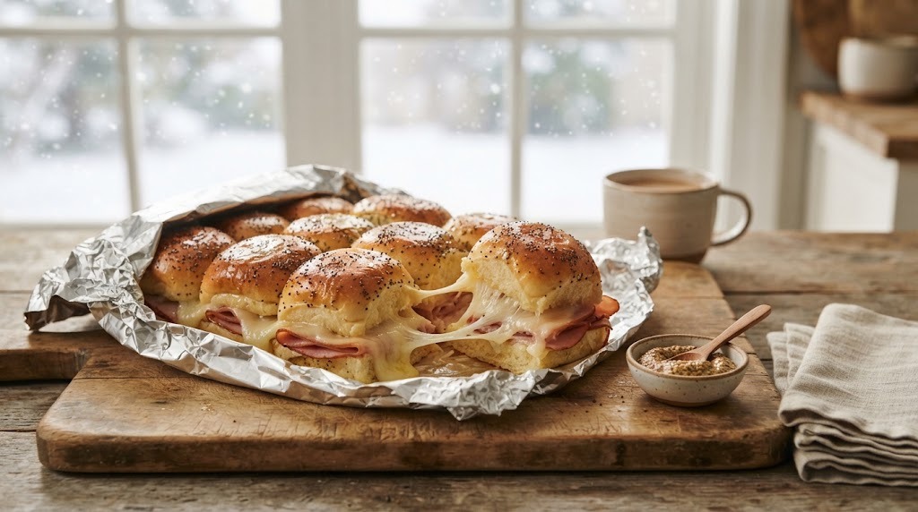 Baked ham and Swiss cheese sliders on sweet rolls half wrapped in foil