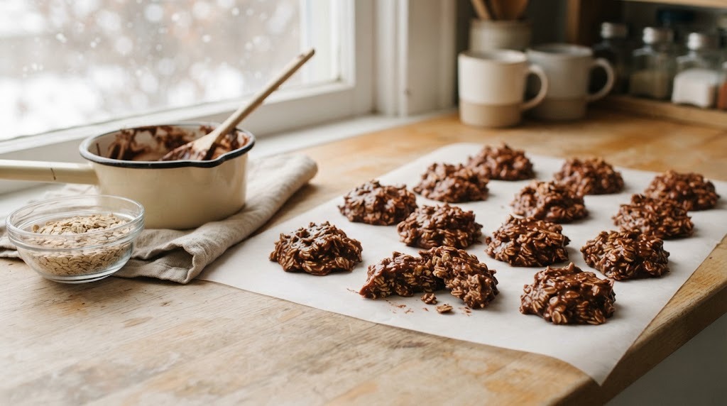 Snow day recipes batch of chocolate peanut butter no-bake oatmeal cookies on parchment