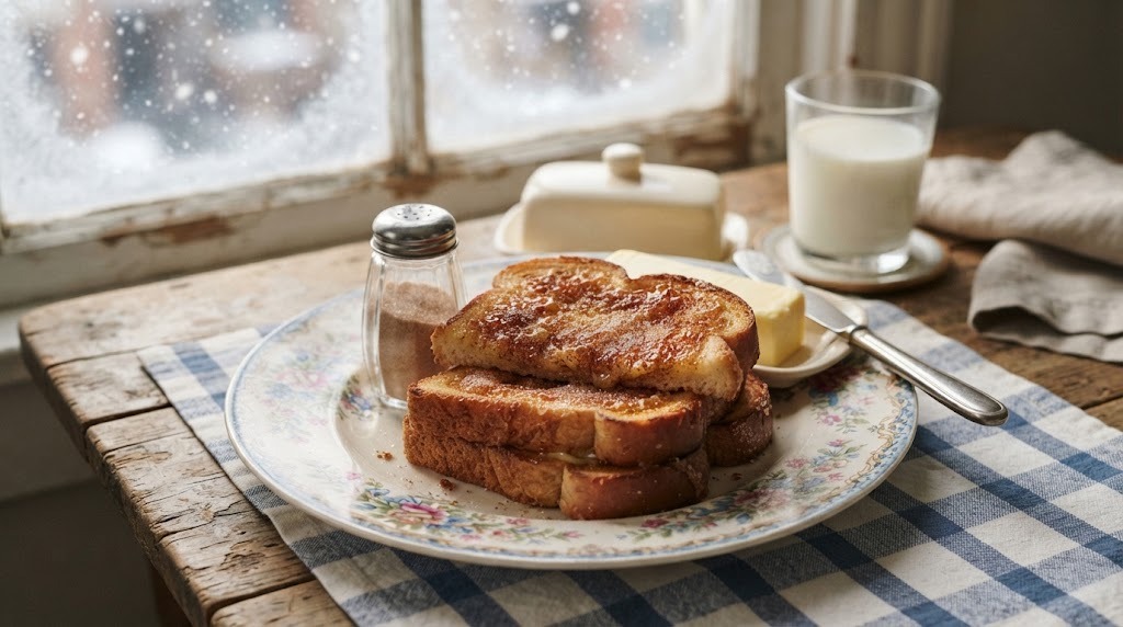 Broiled cinnamon sugar toast stacked on a floral plate with butter and a glass of milk