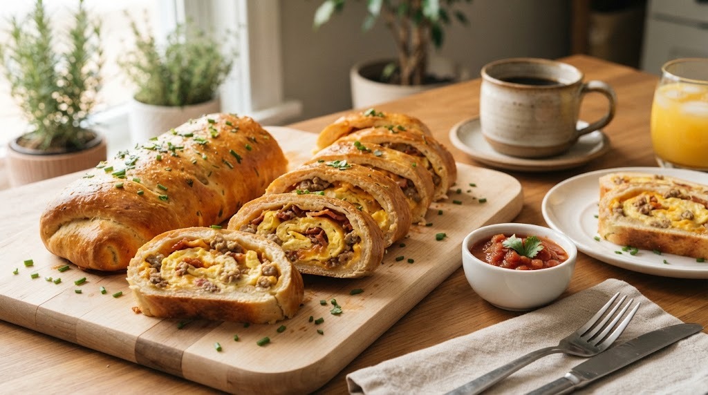 Breakfast stromboli with scrambled eggs, sausage and cheddar