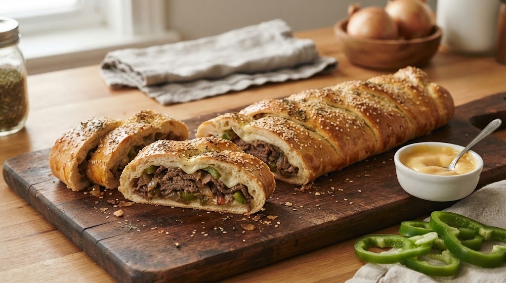 Philly cheesesteak stromboli with beef, peppers and onions