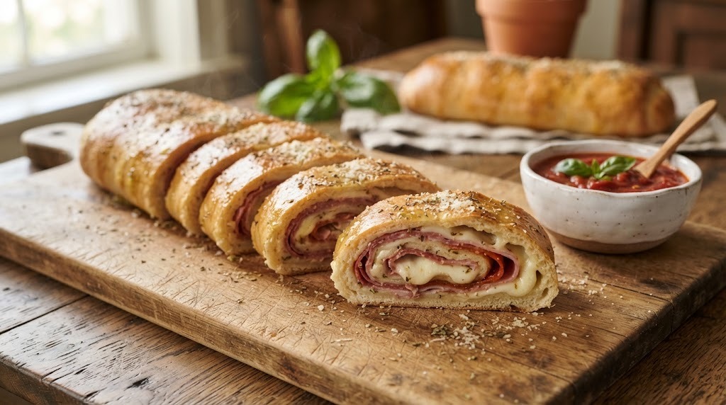 Classic Italian stromboli sliced on a wooden board with marinara