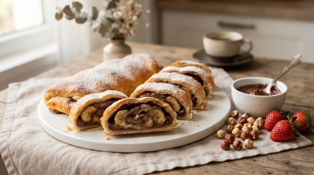 Dessert stromboli with chocolate hazelnut spread and banana slices