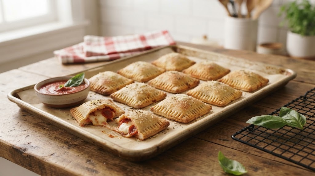 Homemade mini pizza pockets on a baking sheet with marinara