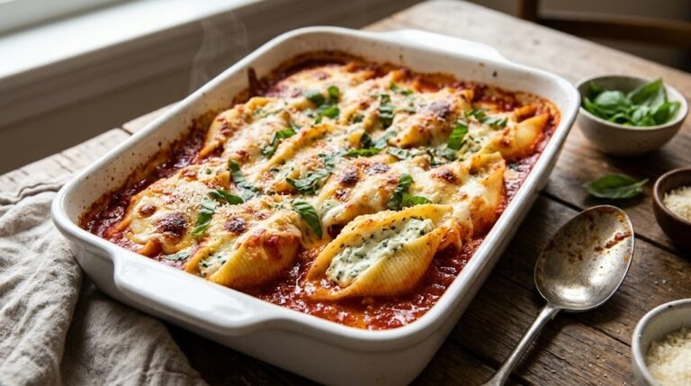 Baked stuffed shells recipes with ricotta, marinara and basil in a white dish