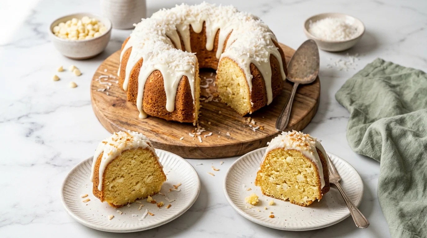 Sliced white chocolate coconut Bundt cake with cream cheese frosting on a wooden board