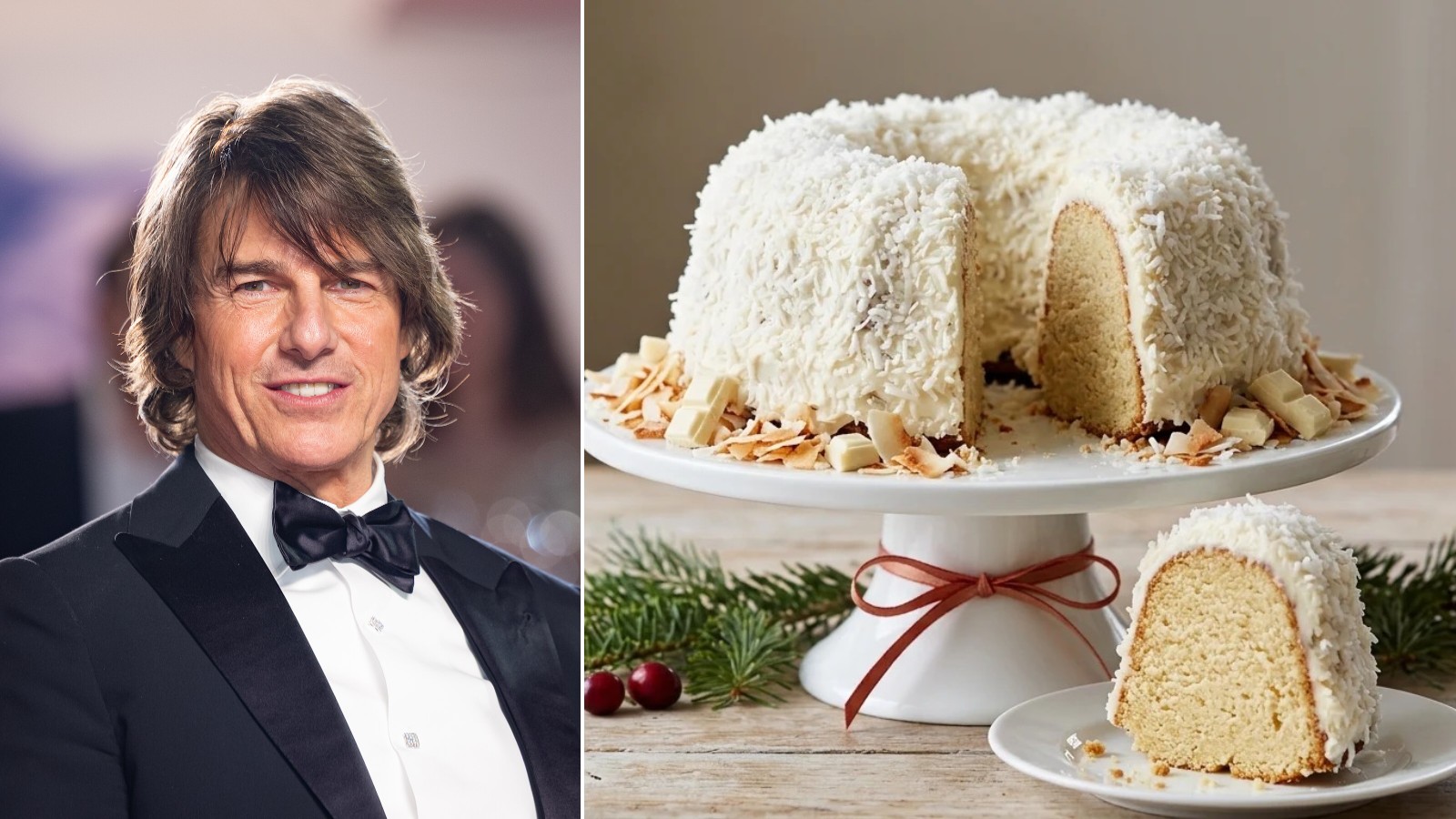 Tom Cruise photo beside a snowy white chocolate coconut Bundt cake on a cake stand