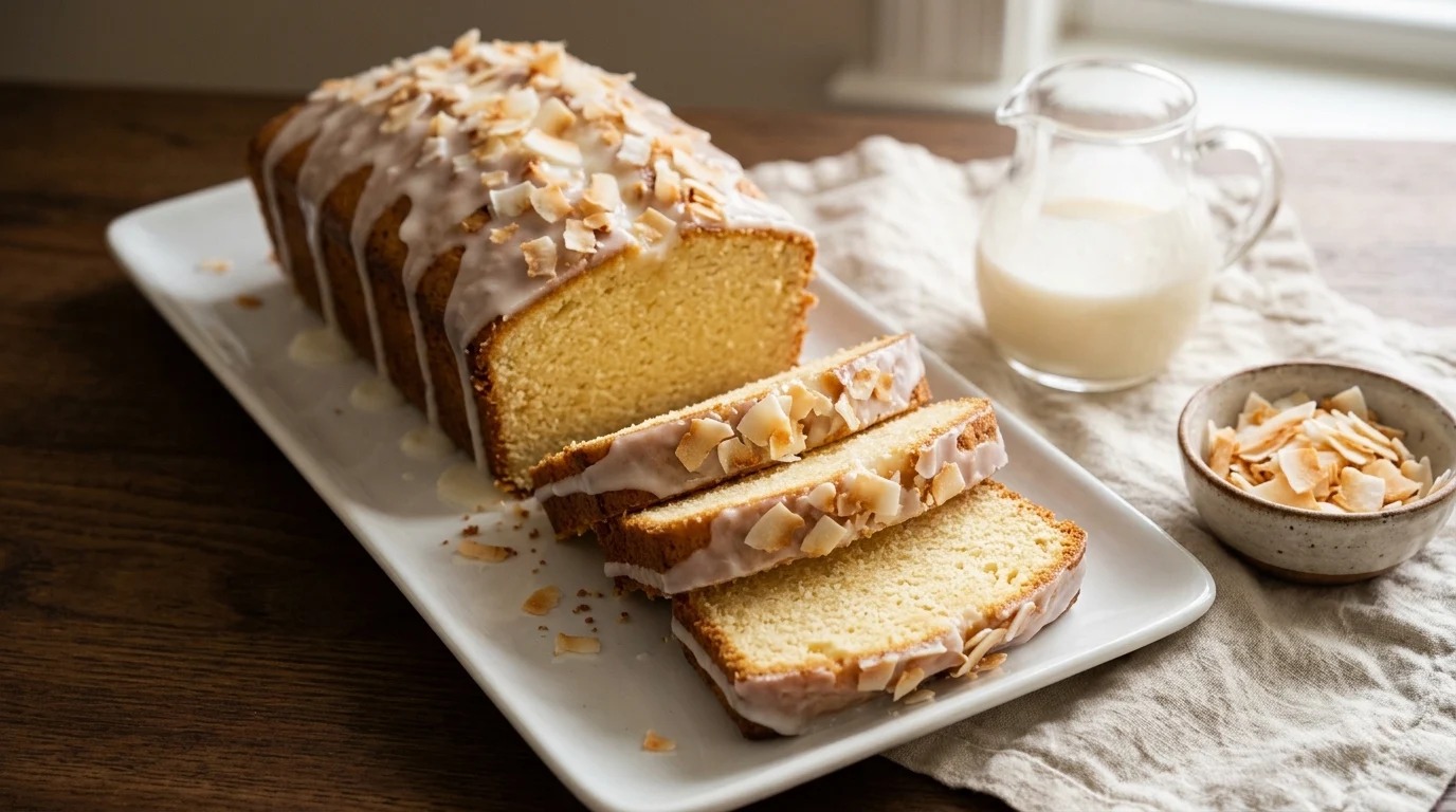 Coconut pound cake loaf with white coconut glaze and toasted coconut slices