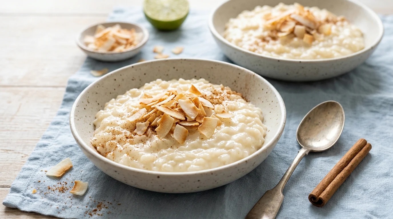 Bowl of creamy rice pudding topped with toasted flakes and cinnamon