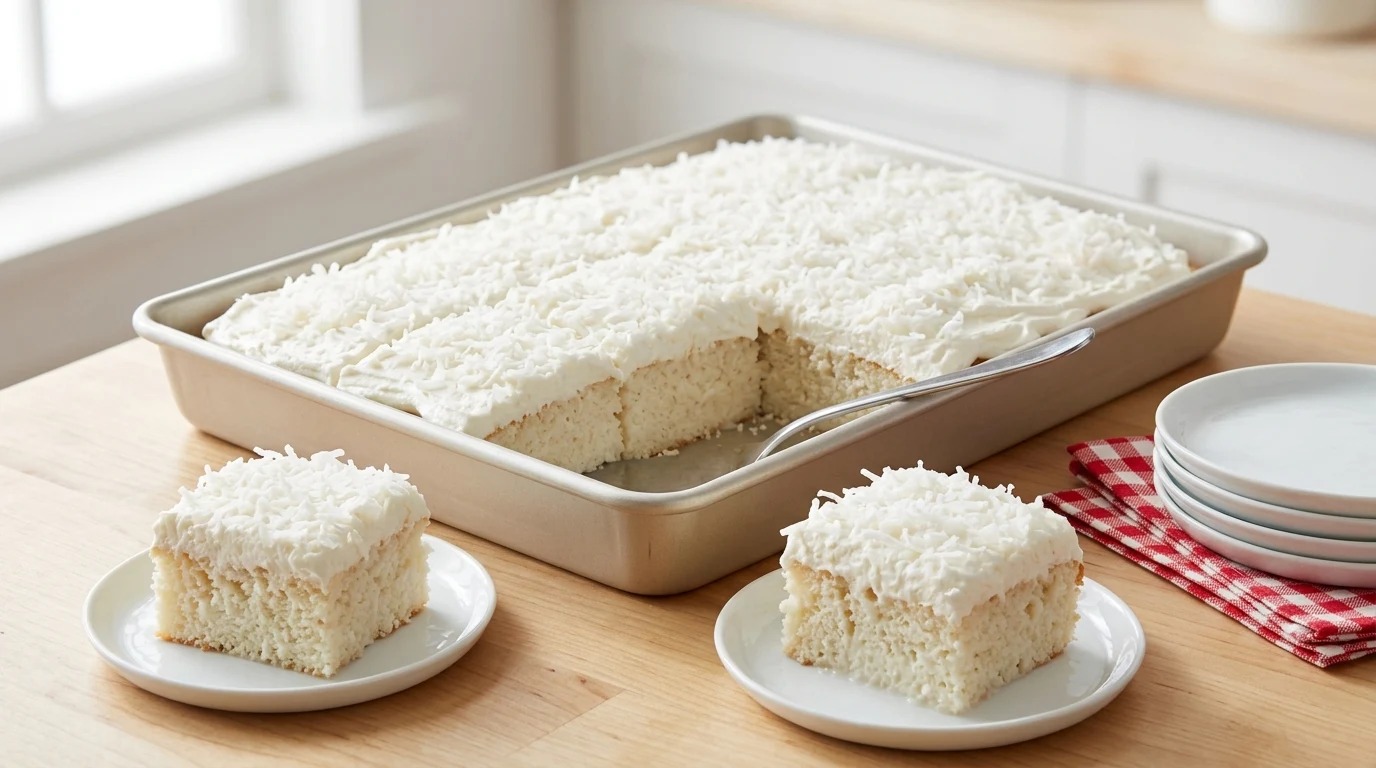 Coconut sheet cake squares with white frosting and shredded coconut in a baking pan