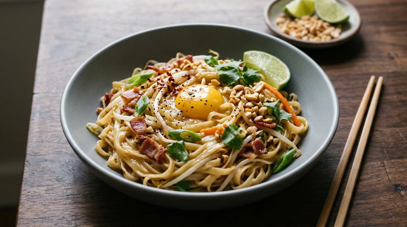 Pad thai carbonara noodles with bacon, egg yolk, peanuts and lime in a gray bowl