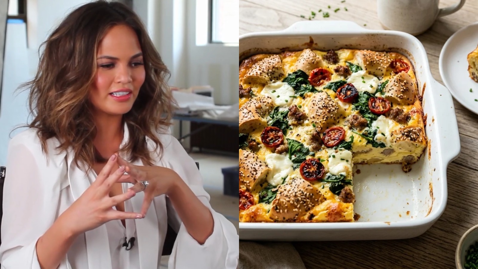 Chrissy Teigen photo beside an everything bagel cream cheese breakfast bake