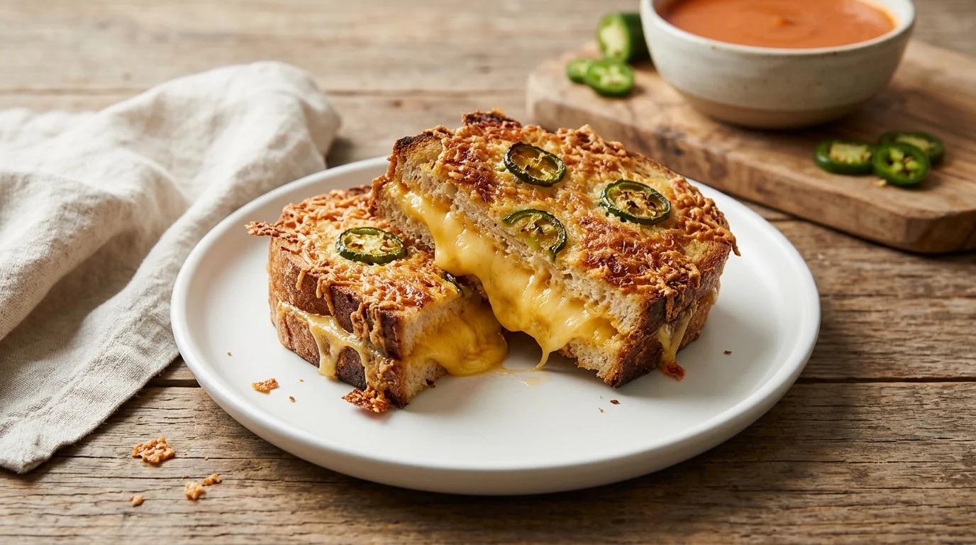 Grilled cheese sandwich with a crispy jalapeno parmesan crust and tomato soup