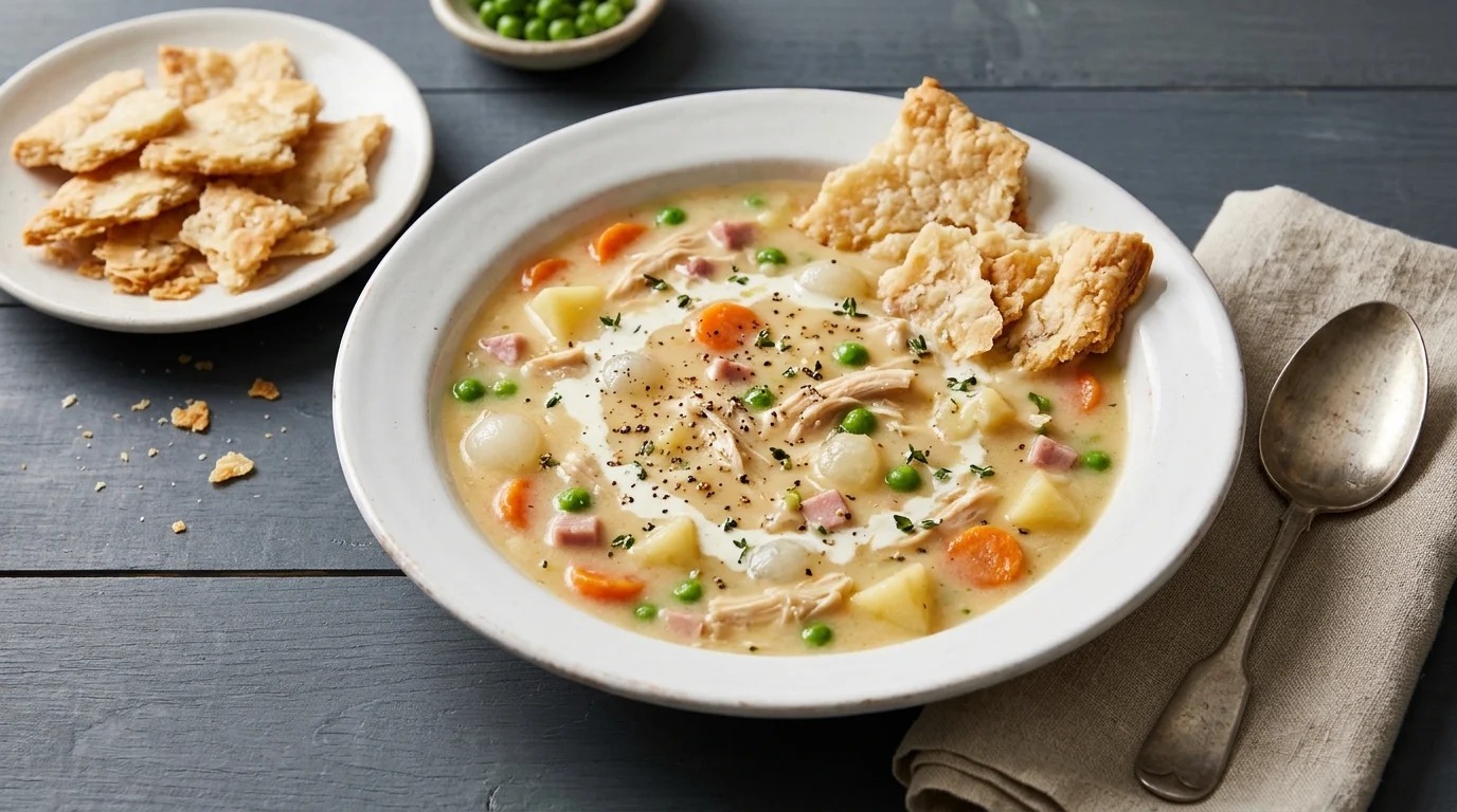 Creamy chicken pot pie soup with broken pie crust crackers in a white bowl