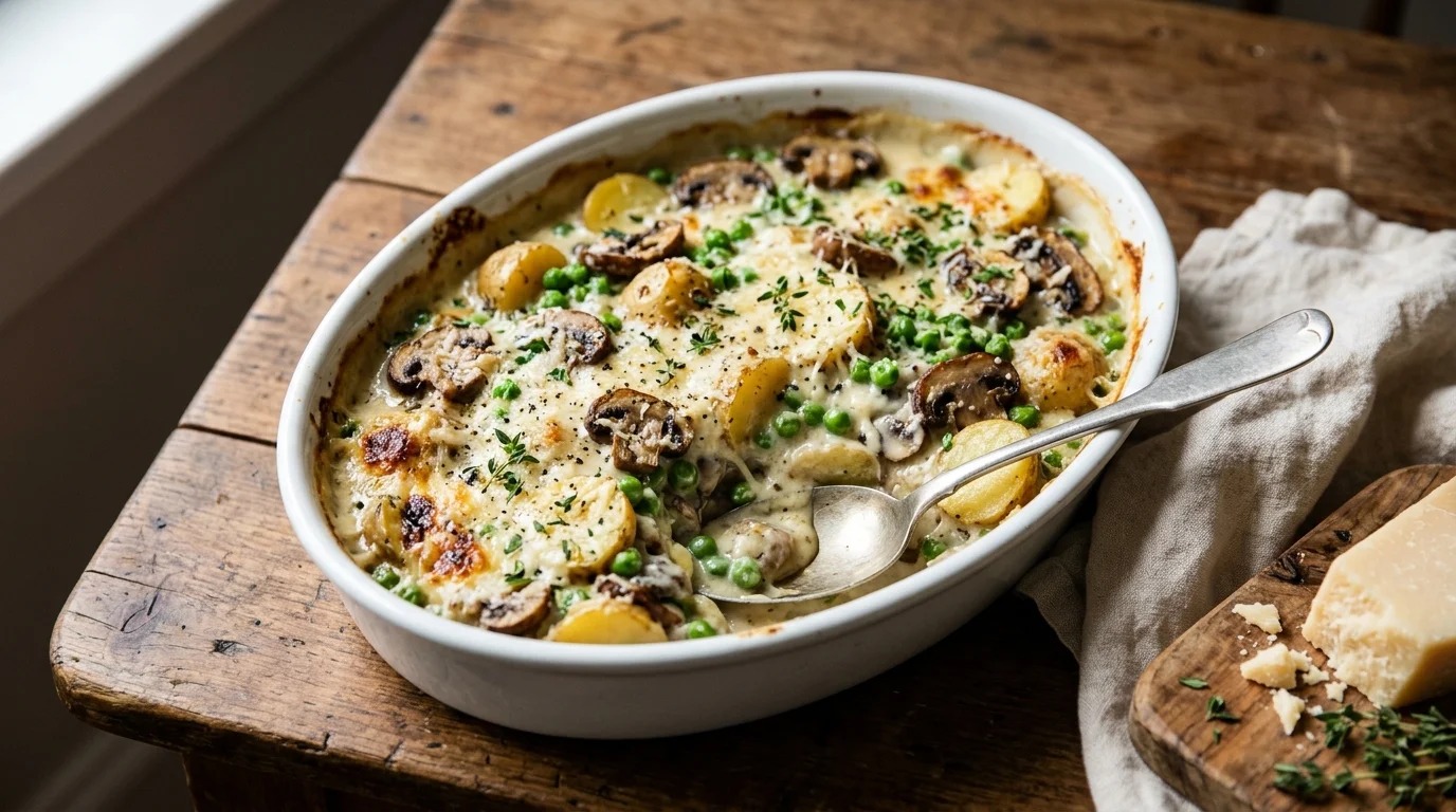 Creamy potatoes with mushrooms, peas and melted parmesan in an oval dish