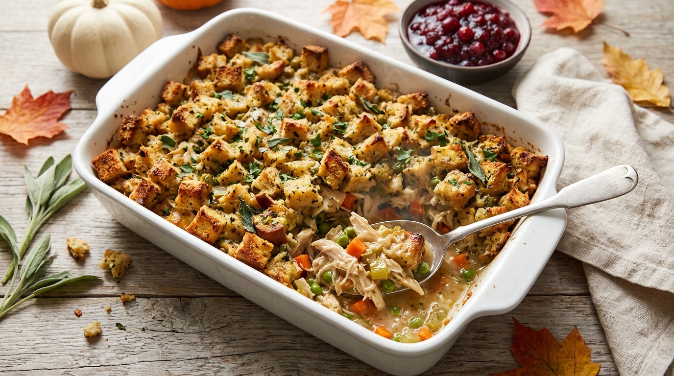 Thanksgiving casserole with a golden stuffing top and creamy chicken filling