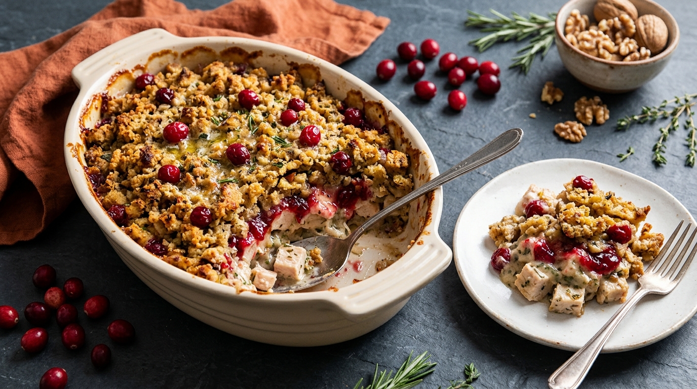 Cranberry turkey bake with a crunchy stuffing crumble top