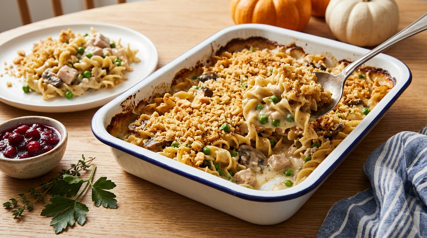 Creamy turkey and egg noodle casserole in a baking dish