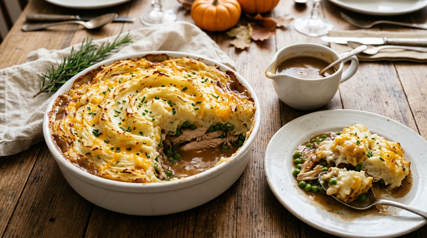 Mashed potato bake layered over turkey and gravy