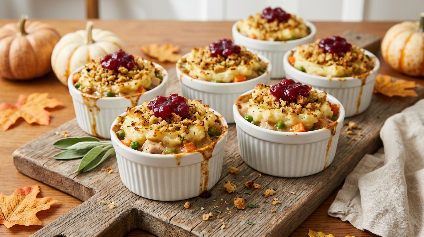 Mini casseroles in ramekins with mashed potato, stuffing and cranberry