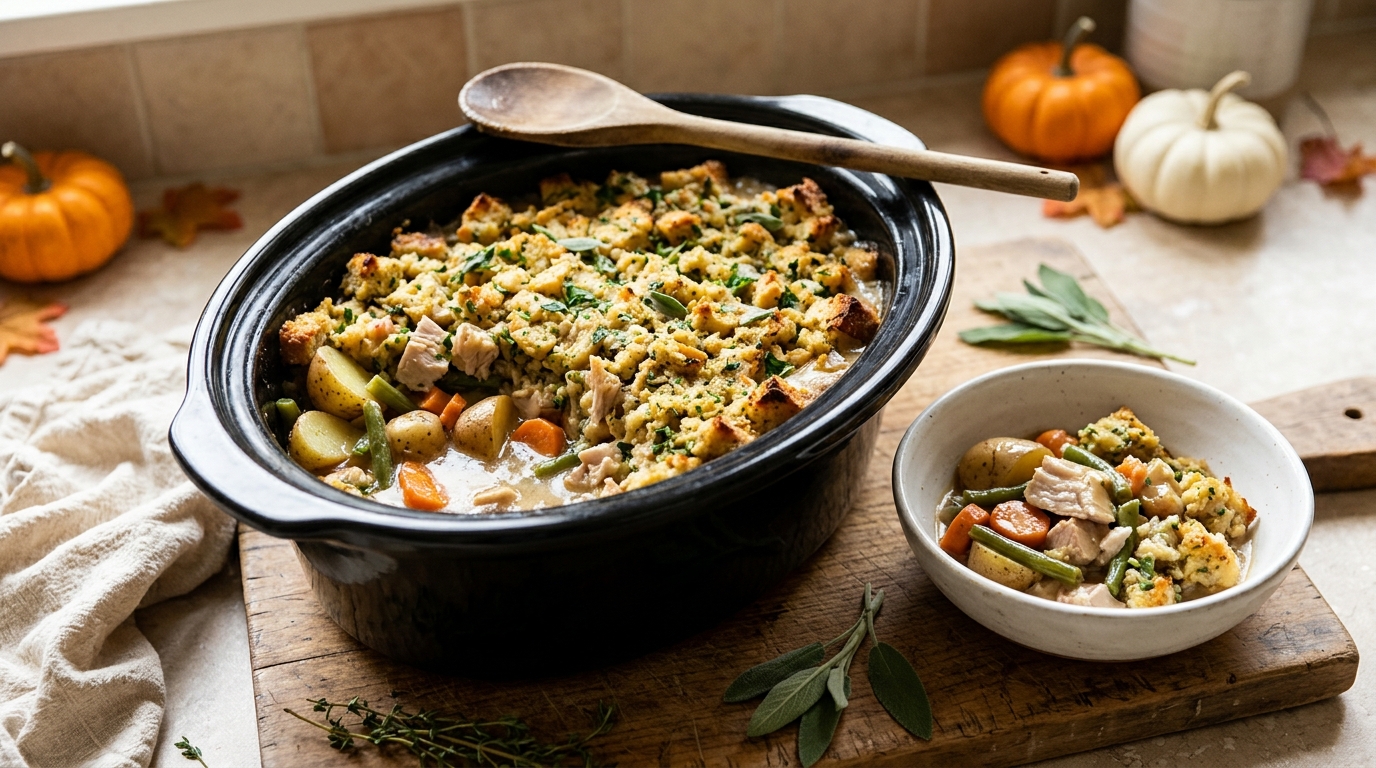 Slow cooker Thanksgiving casserole with turkey, stuffing and vegetables