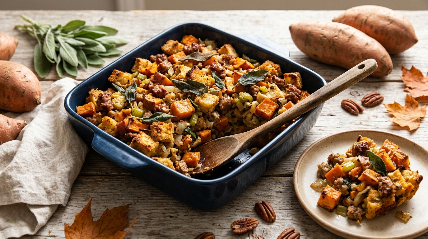Sweet potato and sausage stuffing bake with fresh sage