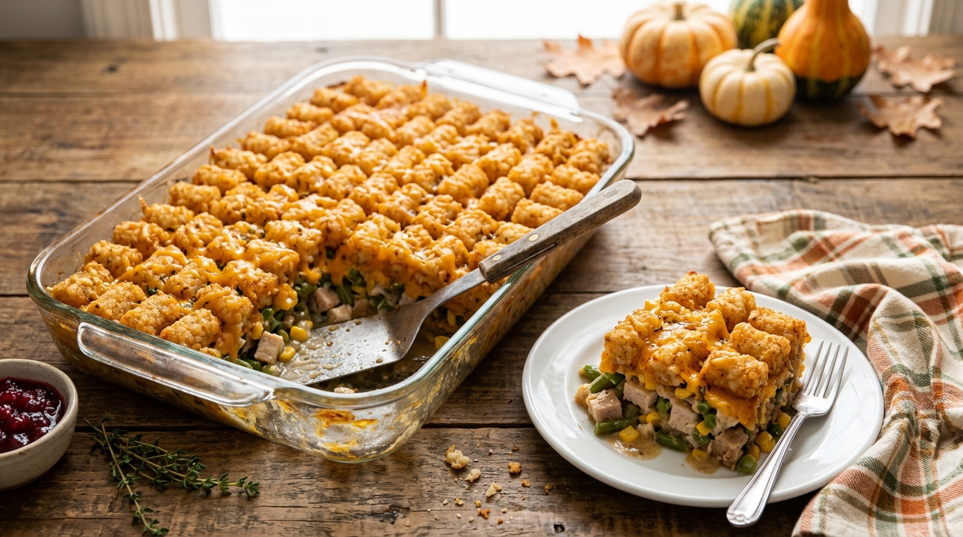 Thanksgiving casserole topped with crispy tater tots and cheese