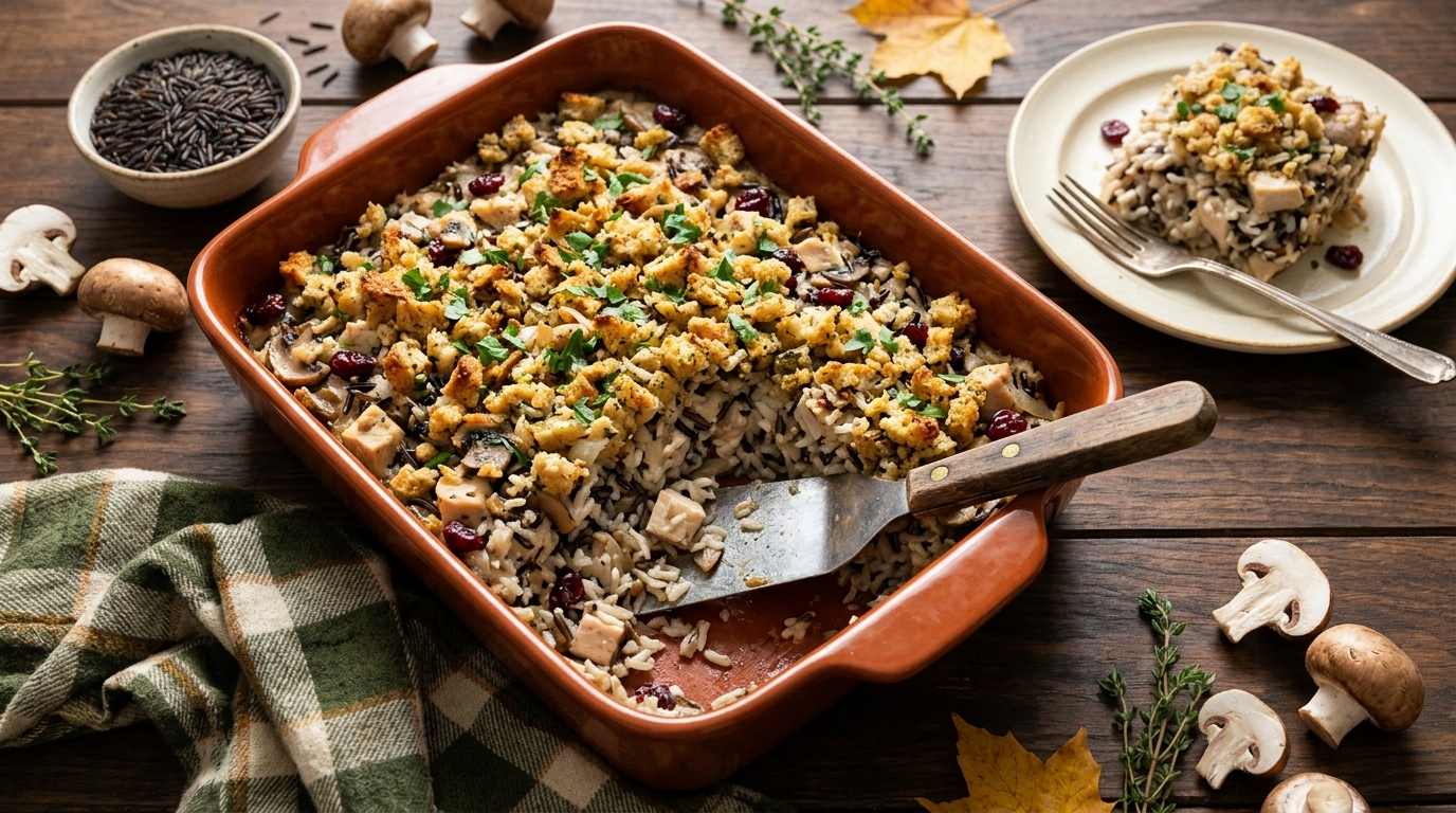Chicken and wild rice casserole with a golden stuffing topping
